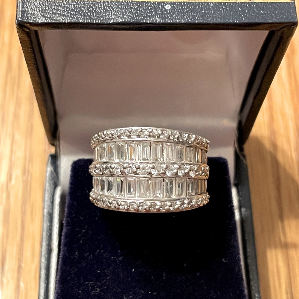 Sterling silver large cocktail CZ baguette ring size 6.25